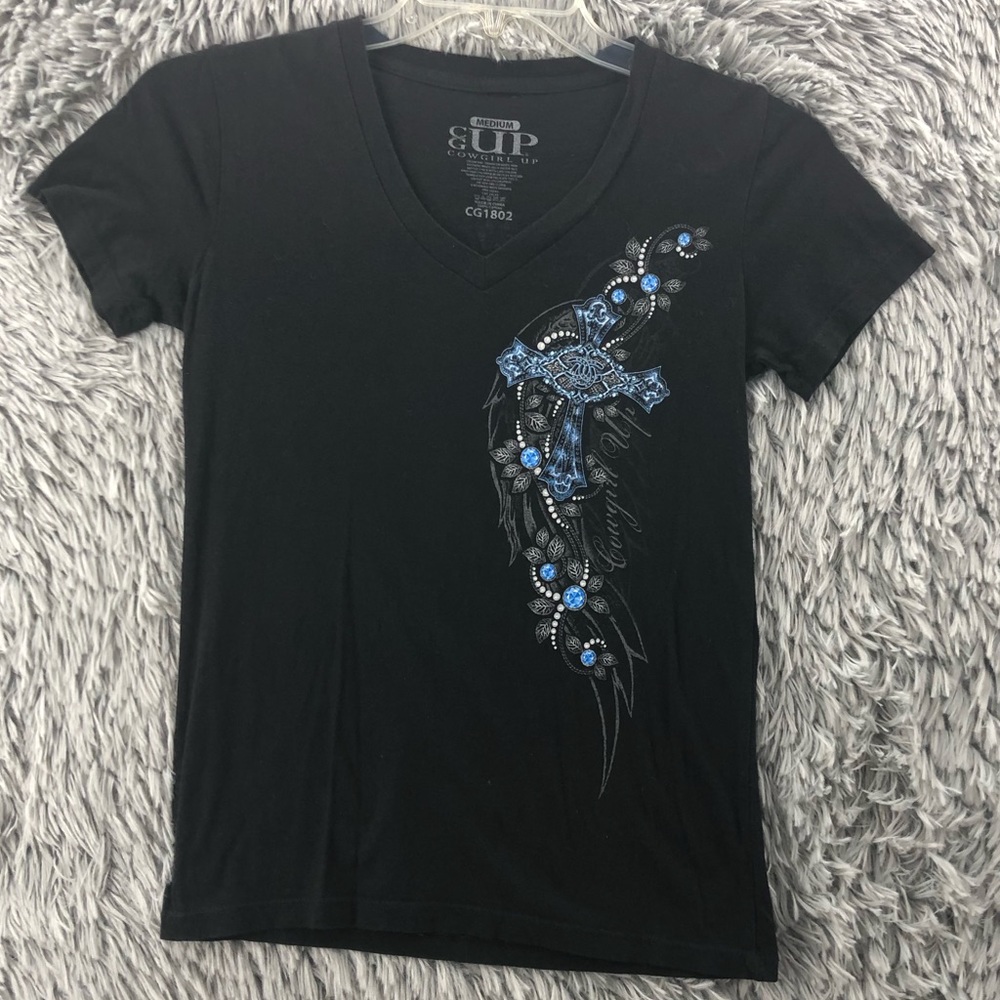 Cowgirl Up Tshirt Womens Medium Vneck Cross Wing Black Shirt Western